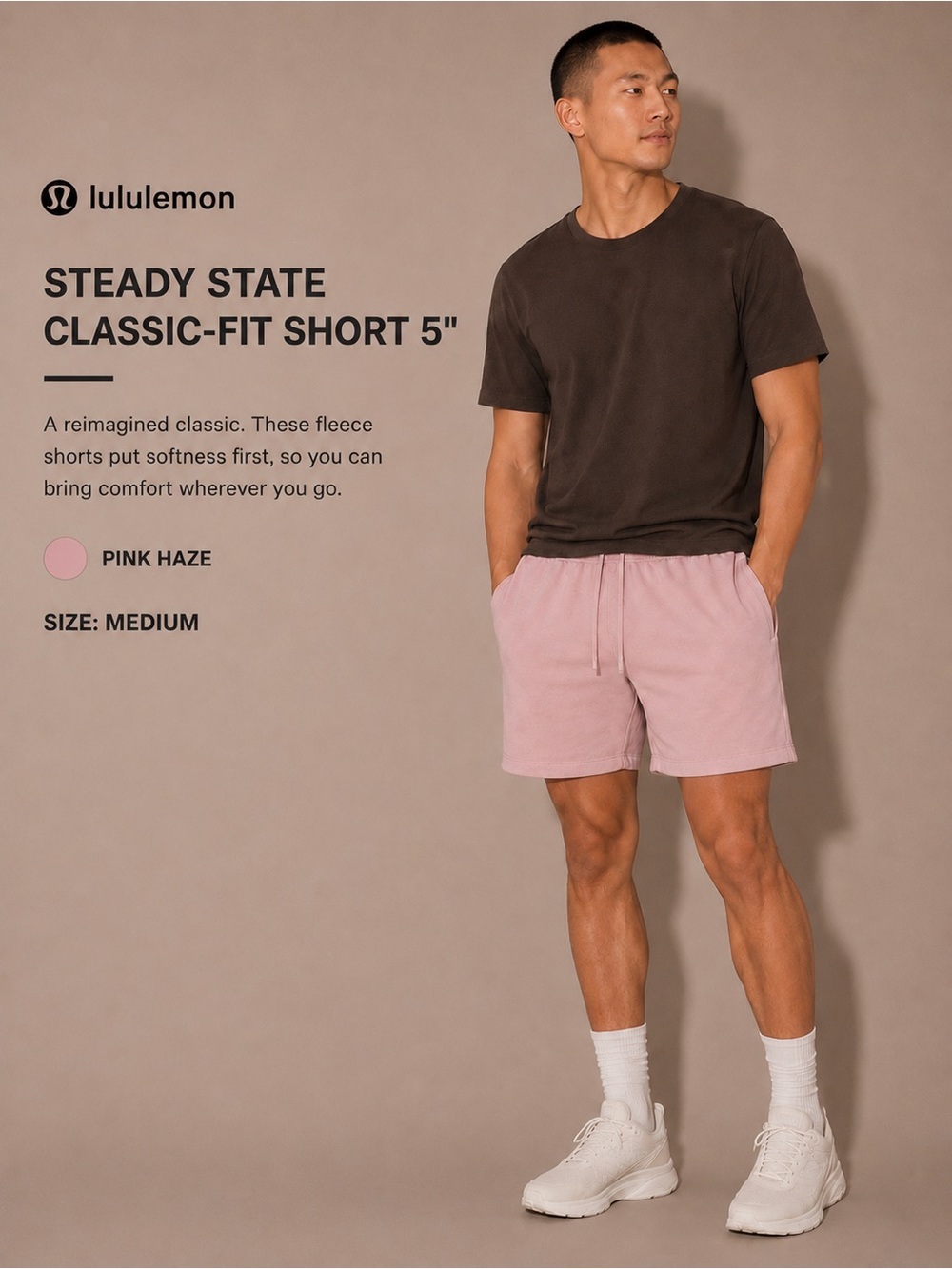 Lululemon Cotton Steady State Classic Fit Short 5" Pink Haze Medium